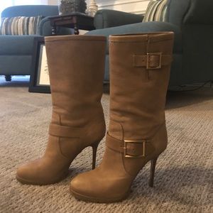 JIMMY CHOO STILETTO LEATHER BOOTS TAUPE GALEN
